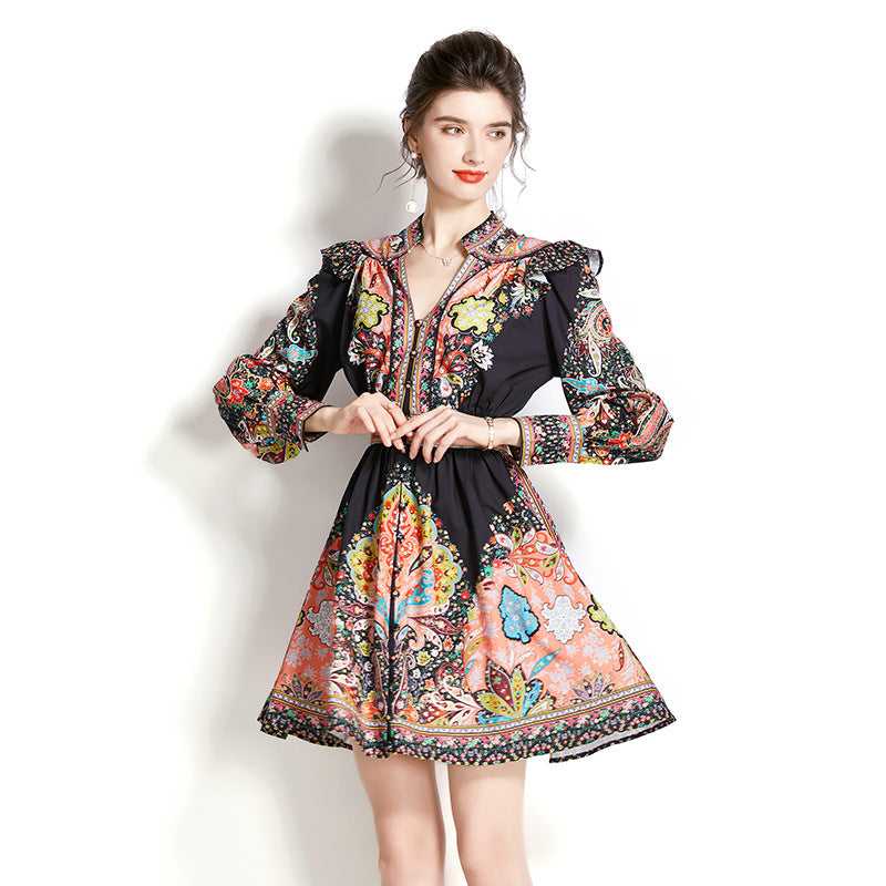 Lantern Sleeve Printed Short Dress