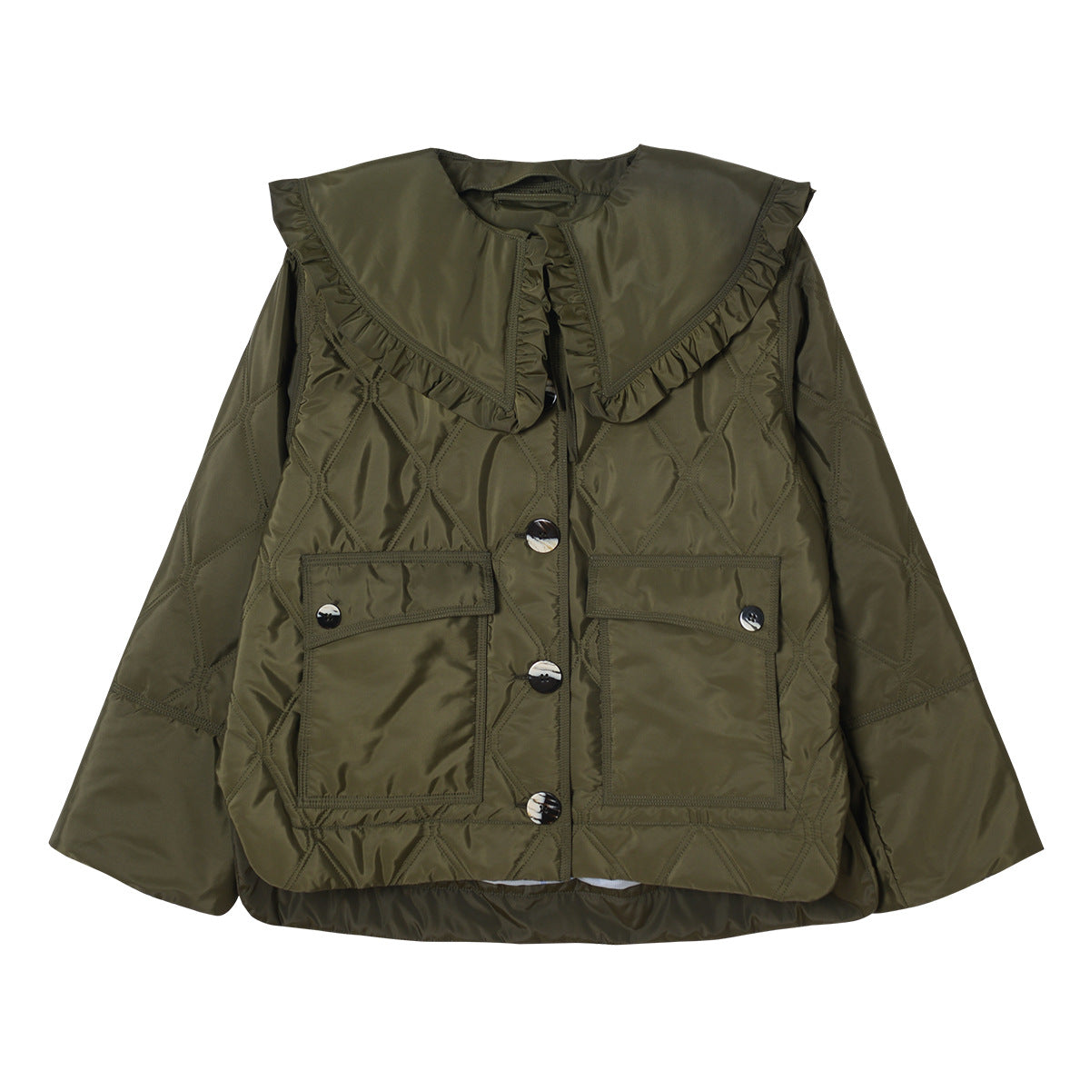 Olive Detachable Ruffled Quilted Lapel Jacket Coat Thin Cotton Clothing