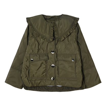 Olive Detachable Ruffled Quilted Lapel Jacket Coat Thin Cotton Clothing