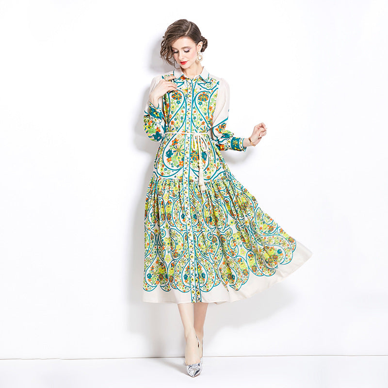 Retro Cotton And Linen Lapel Lantern Sleeve Printing Dress