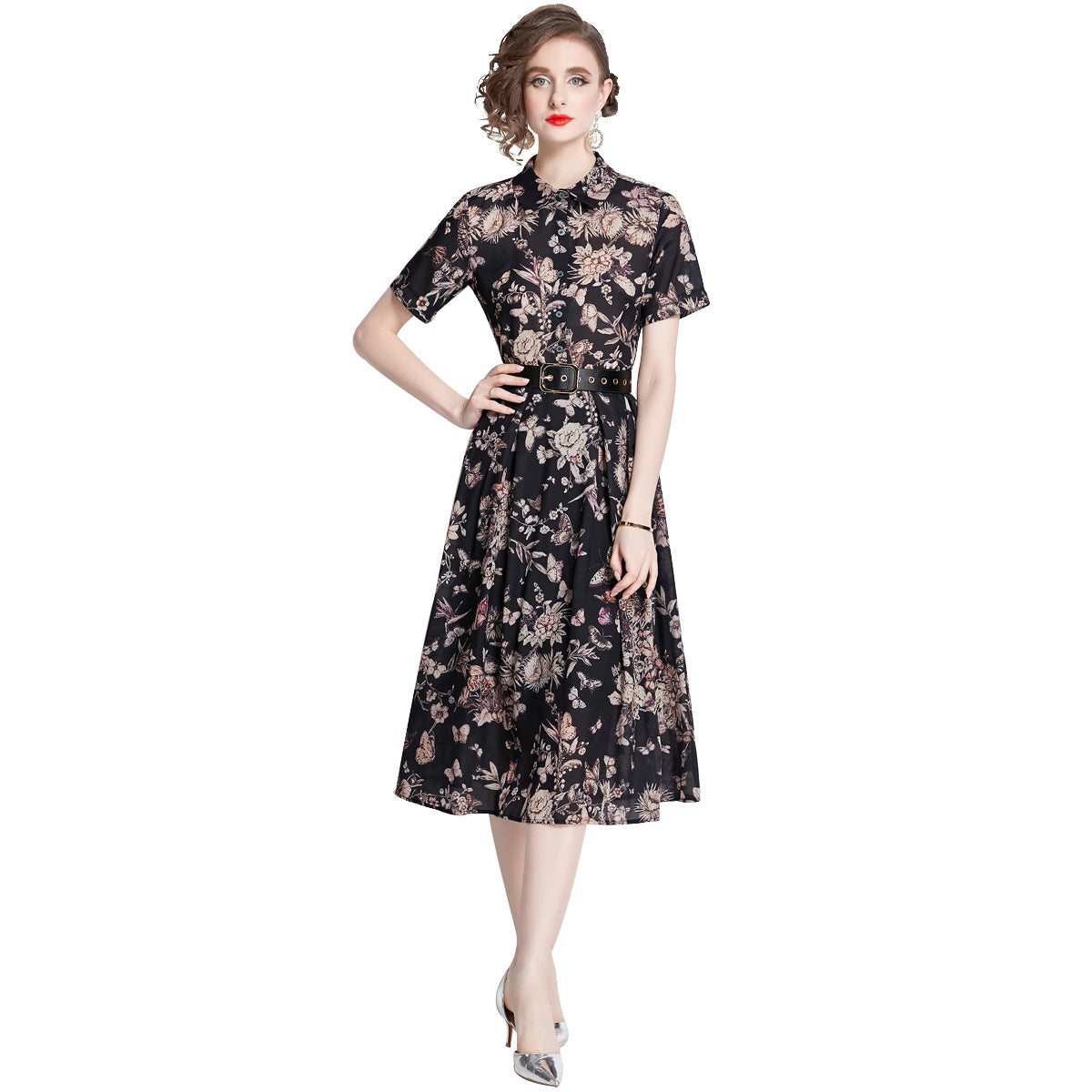 Ink Printing Mid-length Large Swing Dress