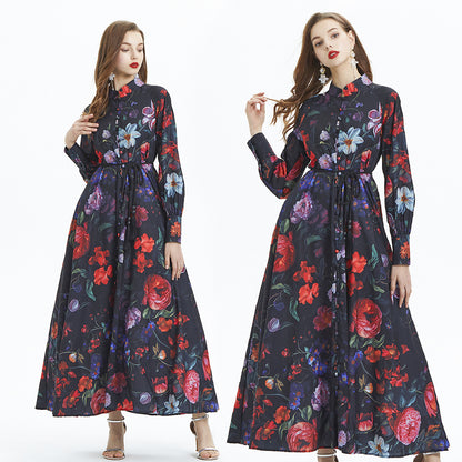 Retro Lantern Sleeve Printing Stand-up Collar Cinched Ruffled Long Dress