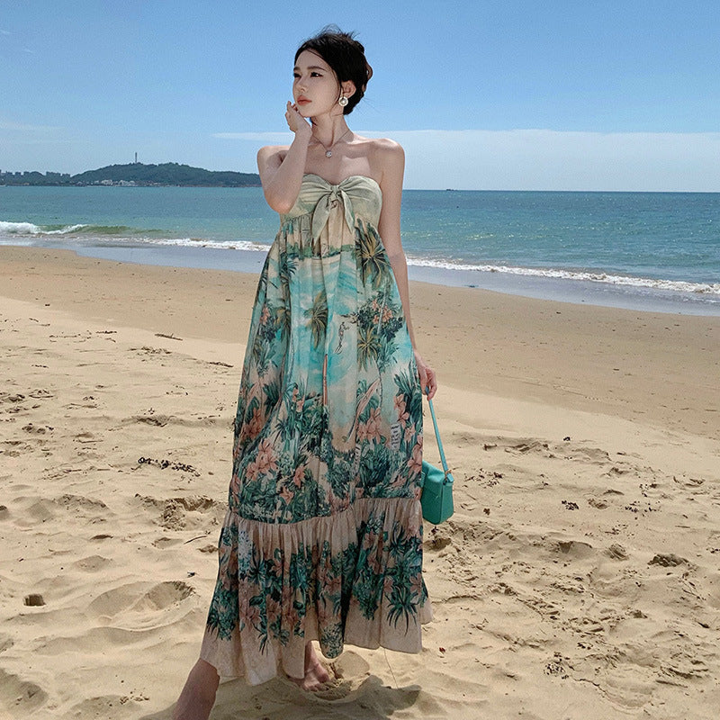 Vestido con top de tubo con hombros descubiertos Vacaciones junto al mar de primavera para mujer