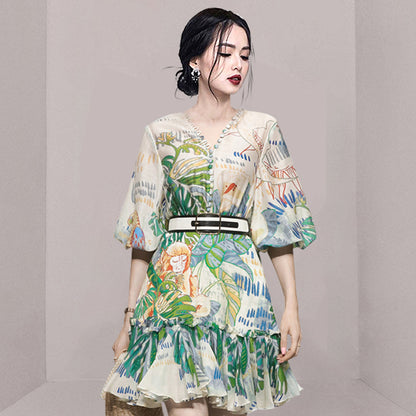 Retro Lantern Sleeve Waist Slimming Green Printing Dress