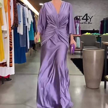 Vestido suelto de color sólido plisado con cuello en V de moda europea y americana