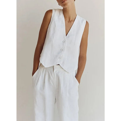 Cotton Linen Vest Wide Leg Pants Fashion Suit