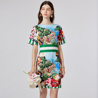 Off-neck Printed Short Sleeve Waist-controlled Dress