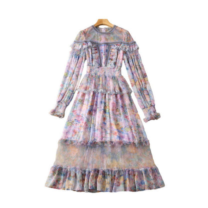 Smocking Elastic Waist Voile Printed Super Long Sleeve Dress