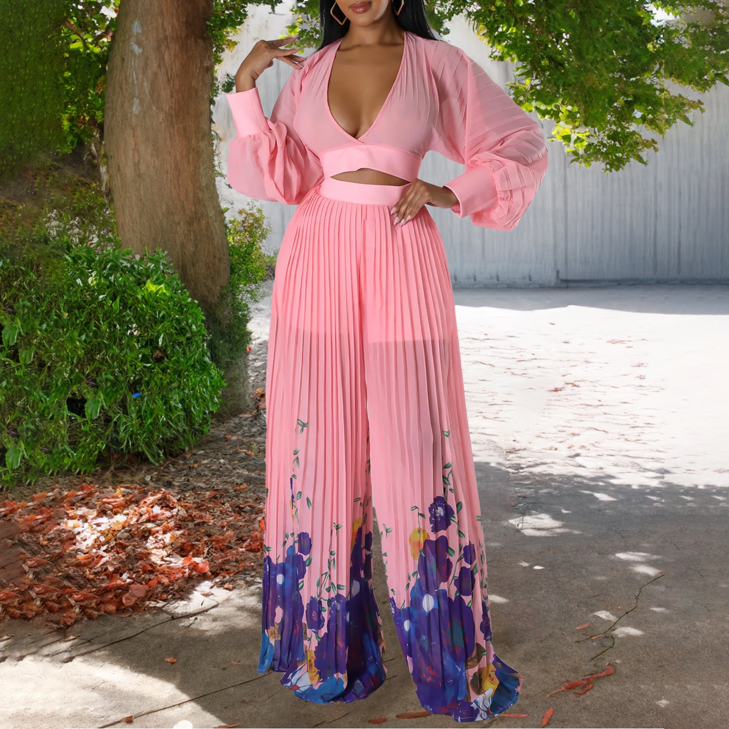 Costume élégant en mousseline de soie pour femmes, haut plissé, col en v, imprimé, pantalon à jambes larges, à la mode