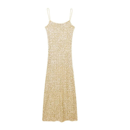 Sequin Decorative High Waist Backless A- Line Slip Dress