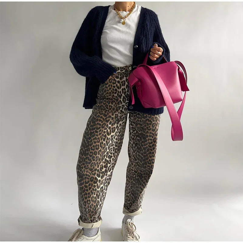 Women's Street Retro Printed Leopard Print Wide-leg Pants