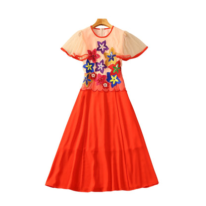 Round-neck Flared Sleeves Embroidered Flower Sequins Dress