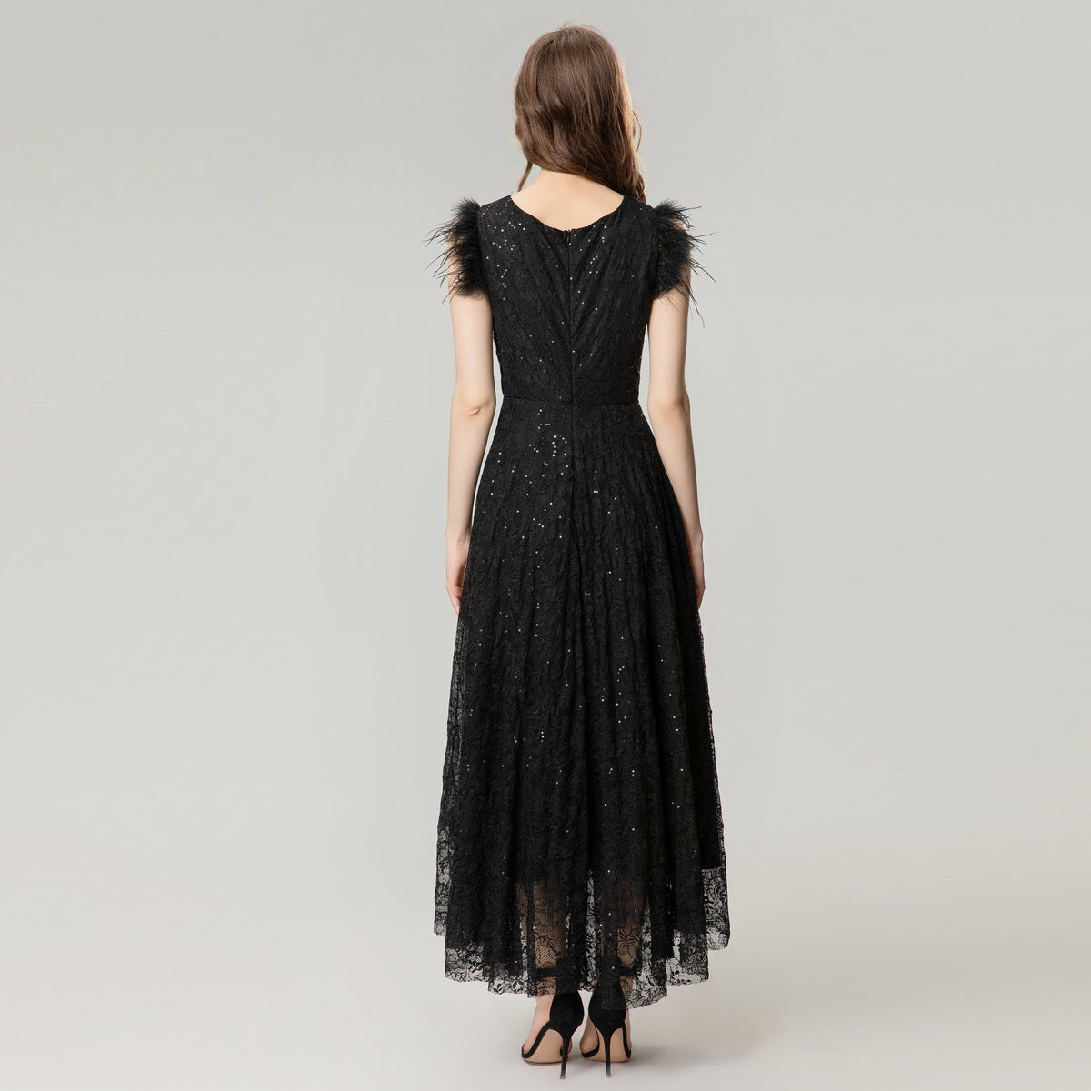 Sequined Lace Feather Flying Sleeves Dress Women