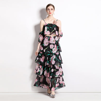 Vacation Style Chiffon Printed Cake Fairy Two-piece Set Long Dress