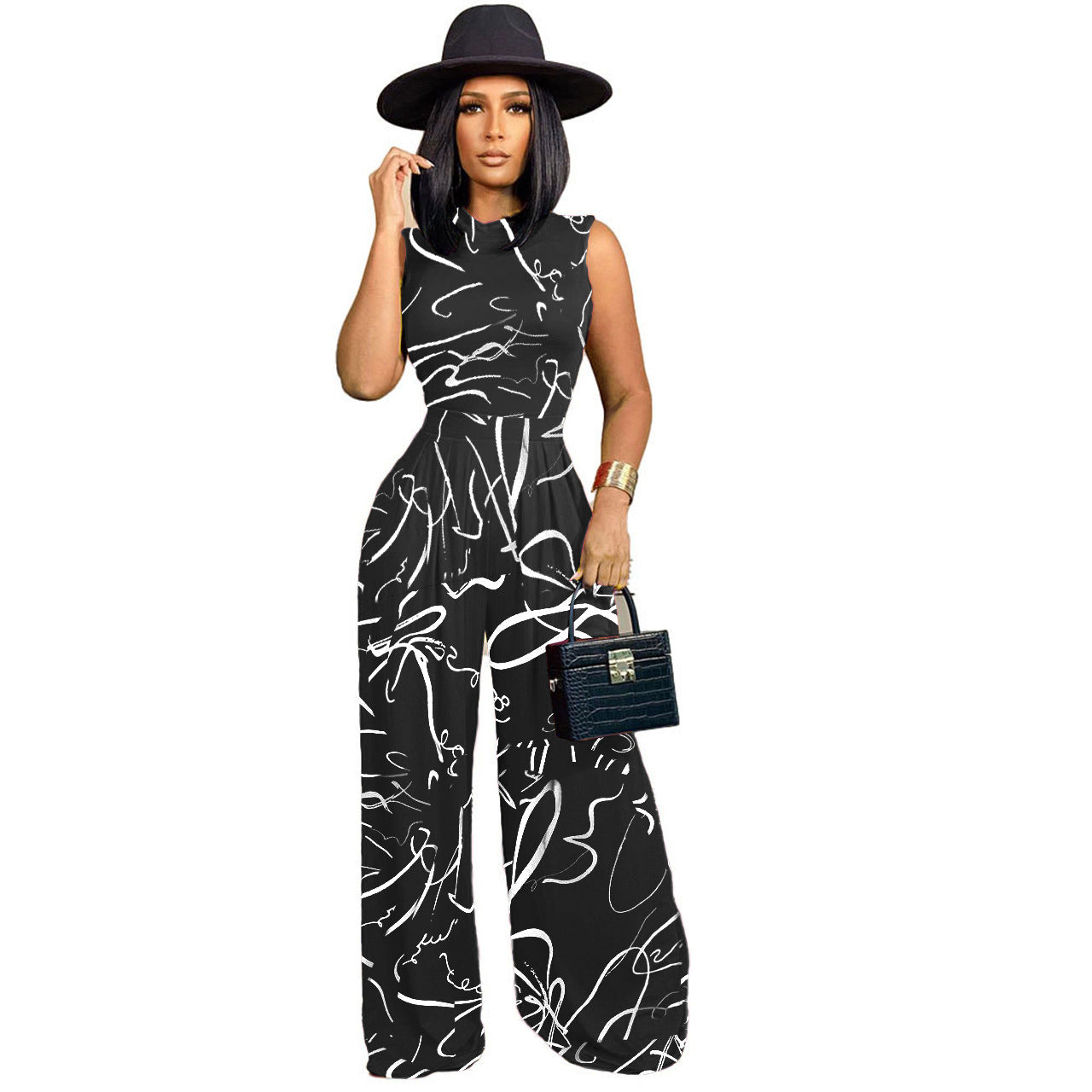 Women's Fashion Pattern Printed Sleeveless Leotard Wide Leg Pants Suit