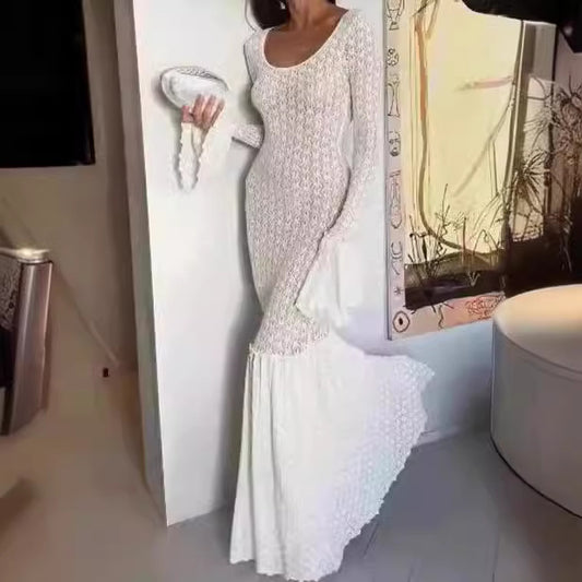 Vestido ajustado hueco con mangas acampanadas blancas a la moda para mujer