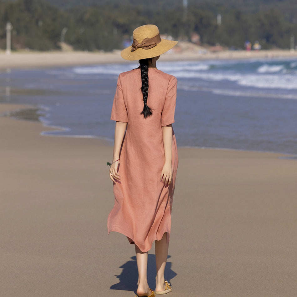 Washed Linen Embroidery Mid-sleeve Long Dress