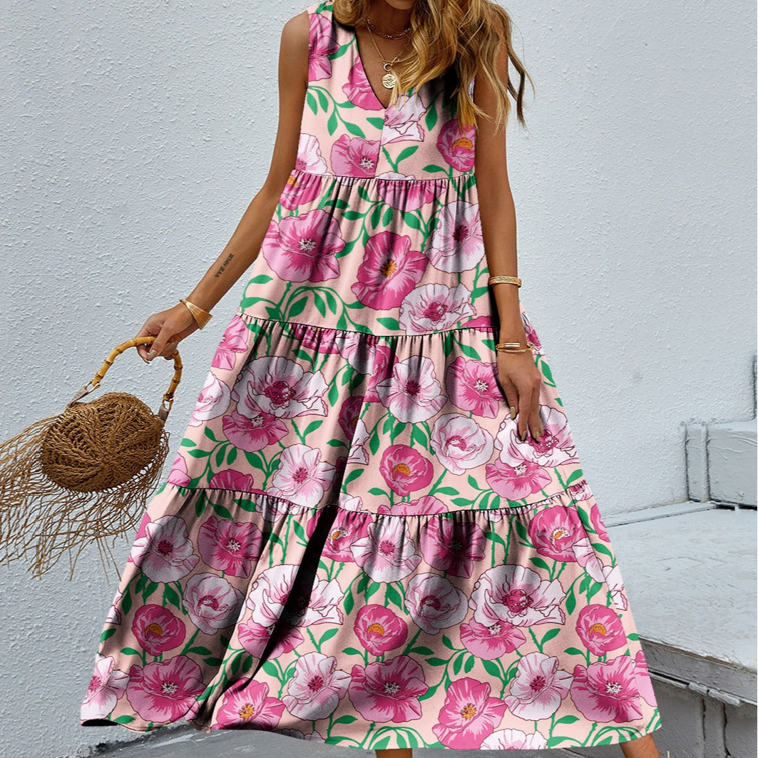 Printed V-neck Patchwork Large Swing Dress