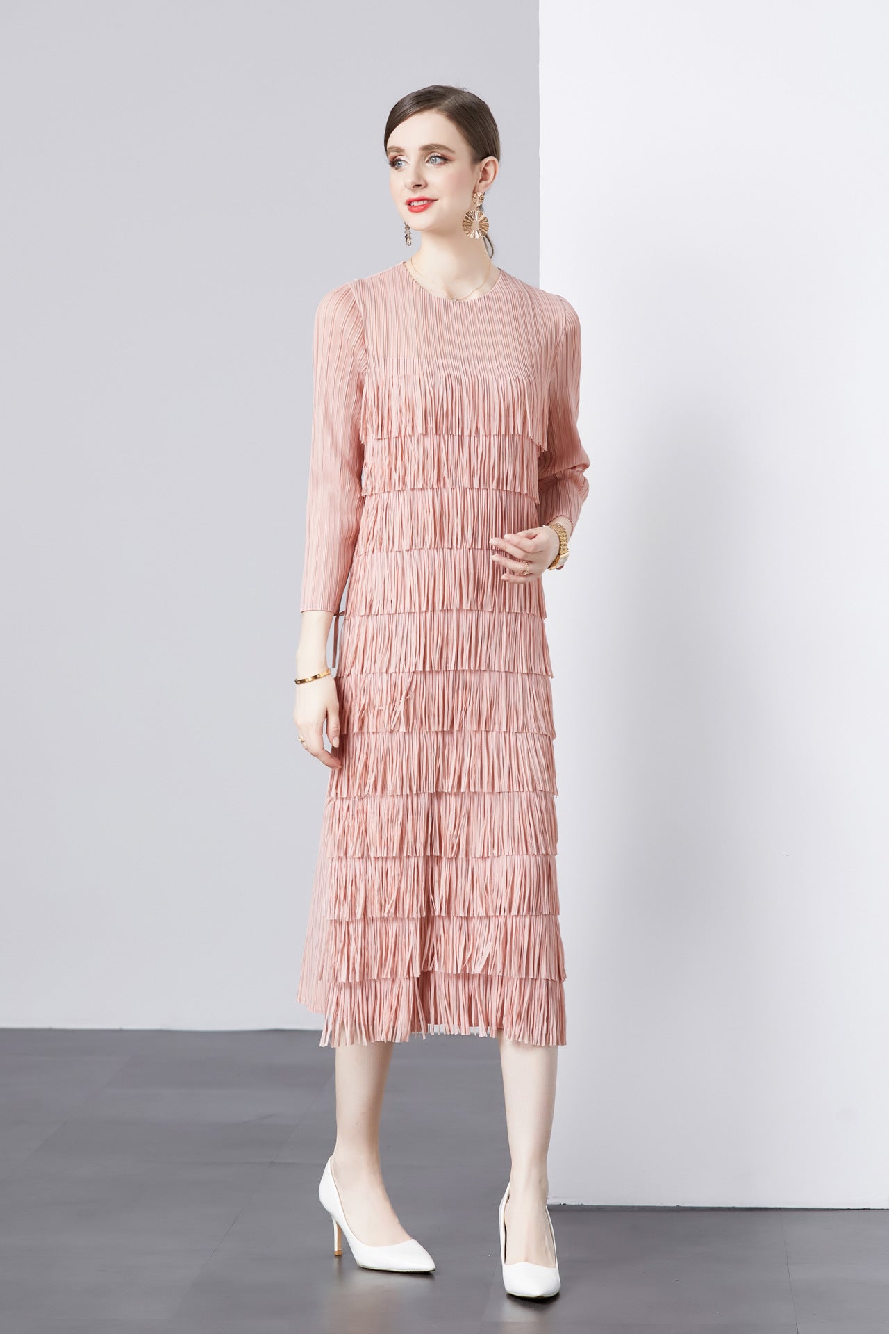 Three Quarter Sleeve Cake Dress Pleated