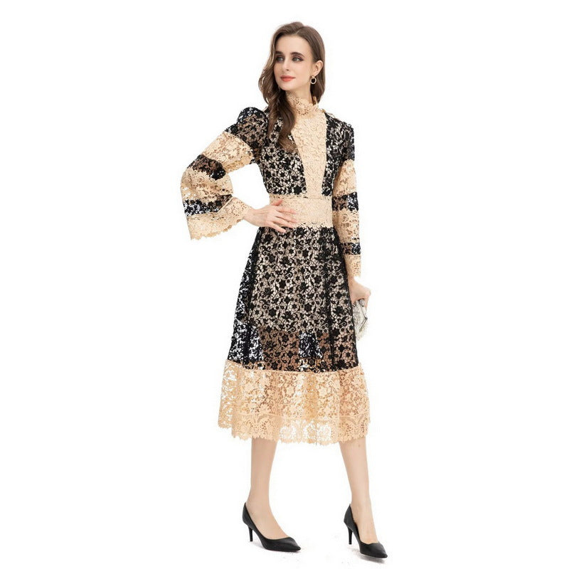 Water Soluble Color Contrast Patchwork Wide Long Sleeve Dress