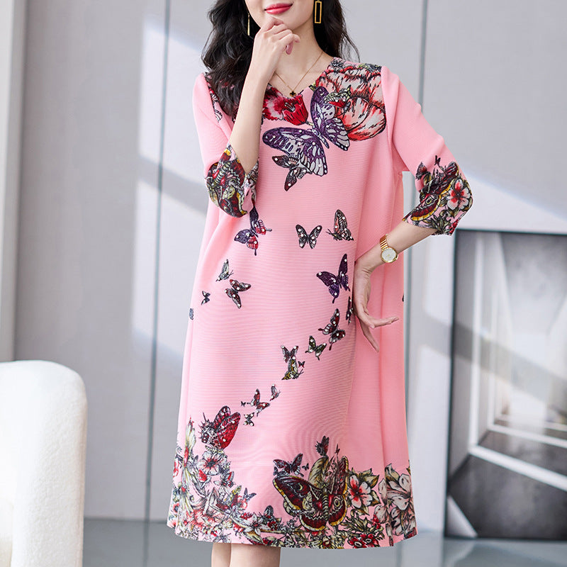 Butterfly Print Rhinestone Loose Temperament Slimming A- Line Skirt