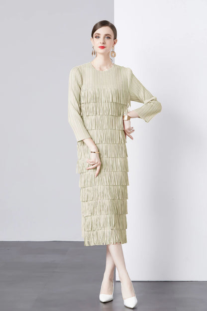 Three Quarter Sleeve Cake Dress Pleated