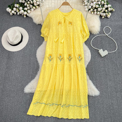 Sweet Puff Short Sleeve Round Neck Hollow Embroidery Dress