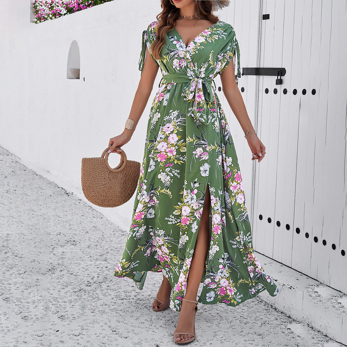 Women's Fashion Temperament Leisure Printed Lace-up Large Swing Dress