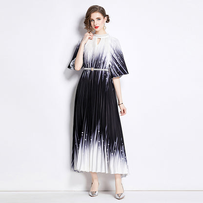 Positioning Printed Pleated Pearl Buckle Pleated Dress