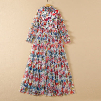 Mesh Floral Large Swing Beaded V-neck Long-sleeve Dress