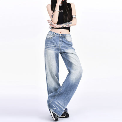 Mopping Loose Worn Looking Washed-out Denim Straight Wide-leg Pants