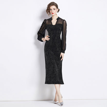 V-neck Sequins Velvet Sheath Dress Women