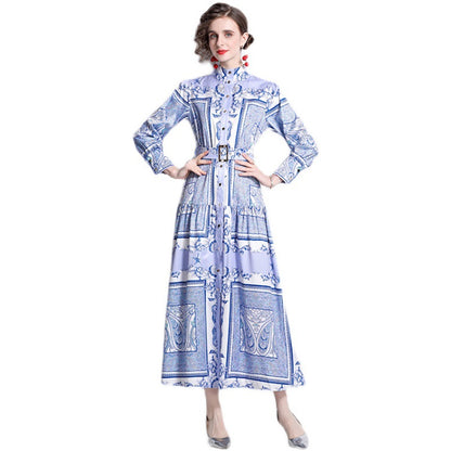 Vintage Totem Printing Temperament Long Sleeve Large Swing Dress