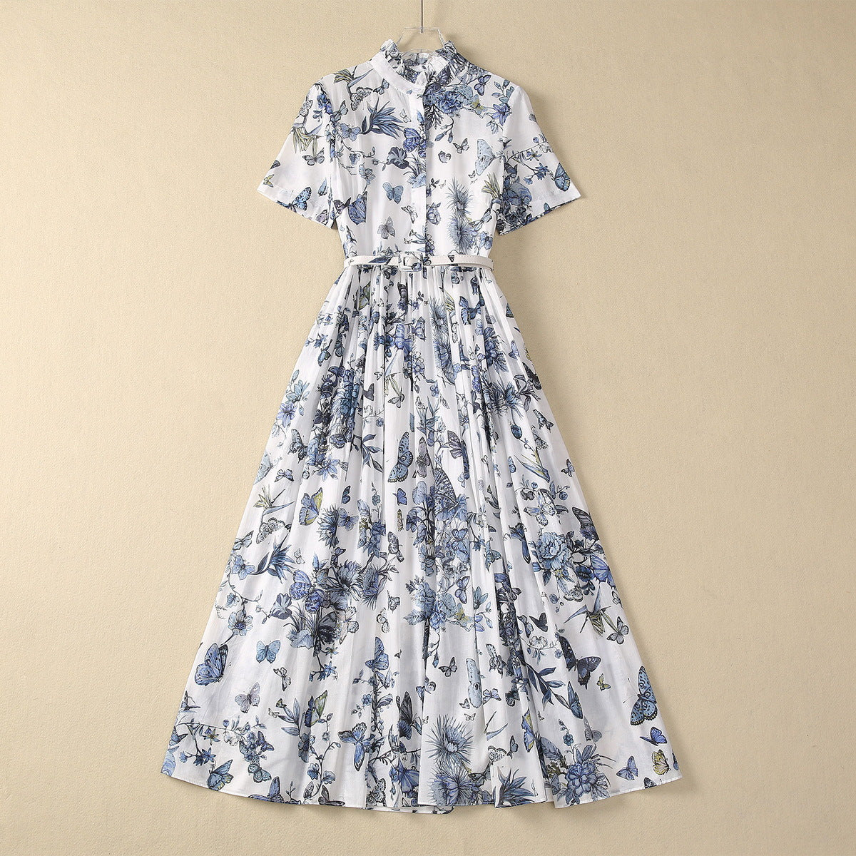 Stringy Selvedge Stand-up Collar Butterfly Flower Thin Cotton Dress