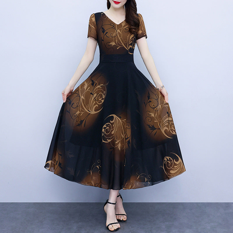 Spring And Autumn Chiffon Floral Dress Plus Size Fat