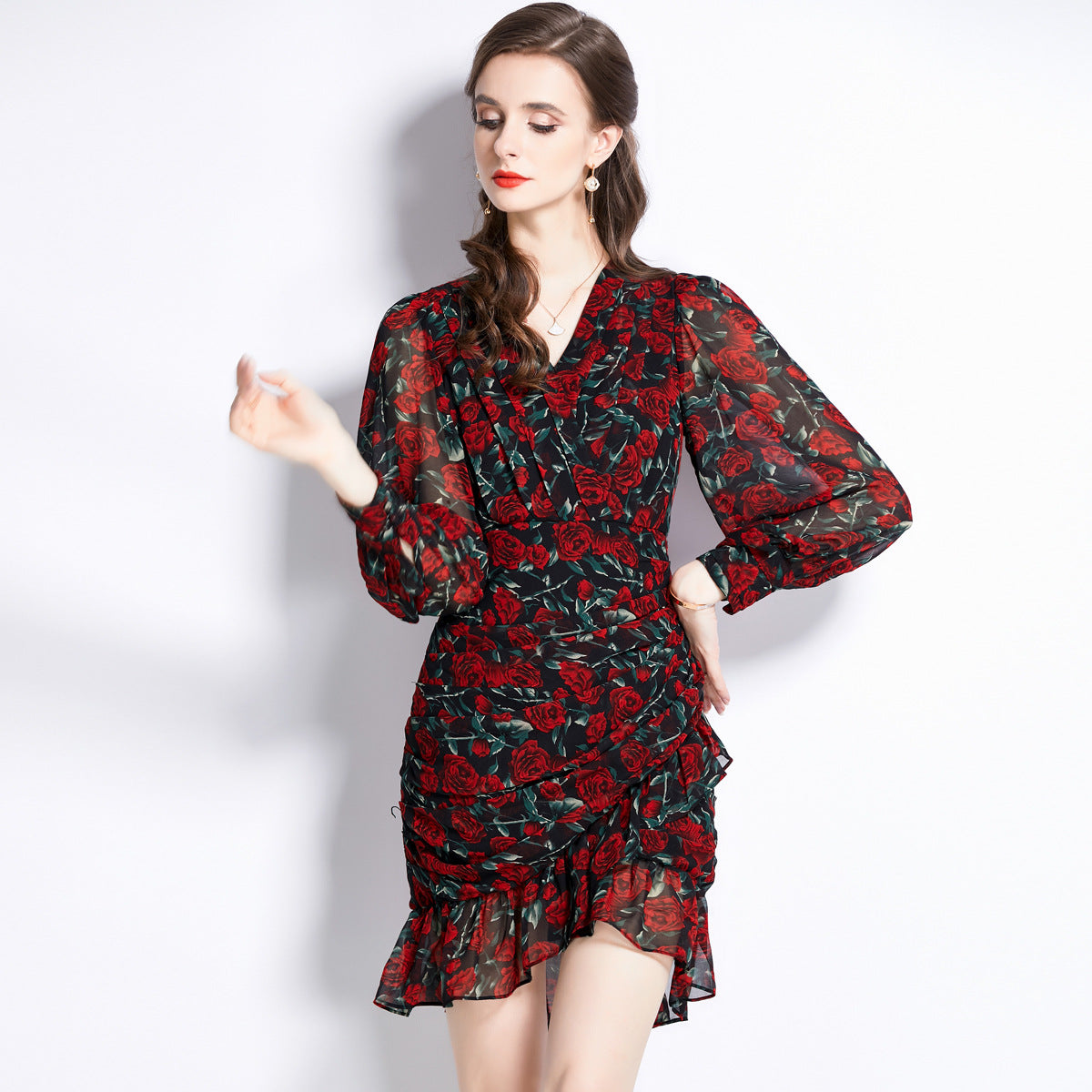 Printed Chiffon Fishtail Dress Women