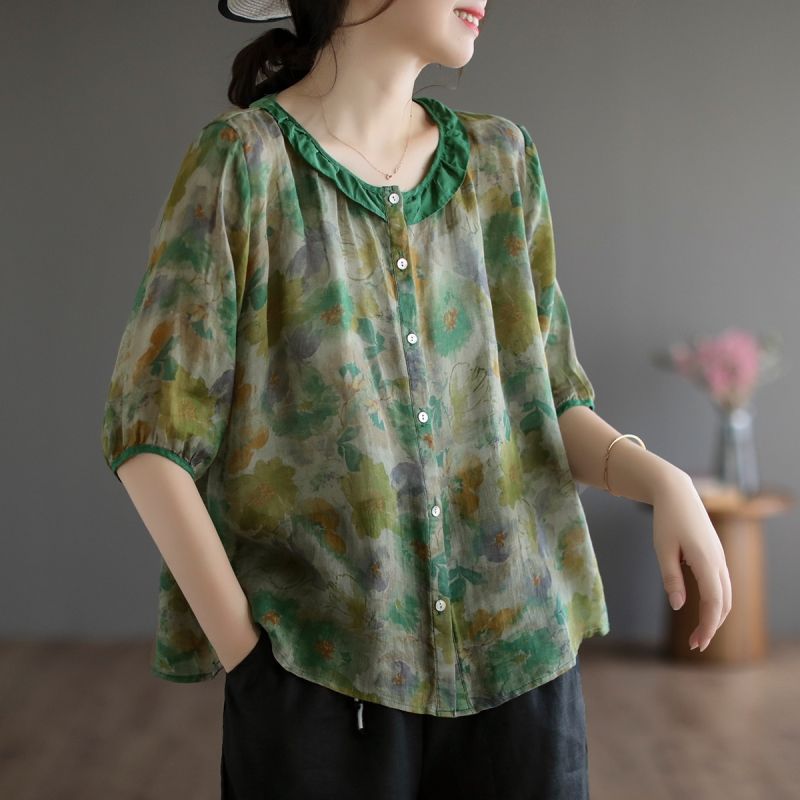 Retro Artistic Contrast Color Round Neck Oversized Short Sleeve Shirt