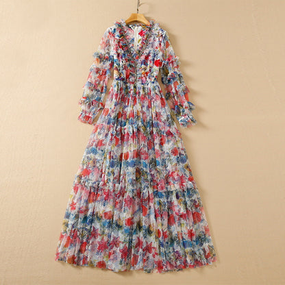 Vestido de manga larga con cuello en V y cuentas, floral, de malla, con vuelo grande