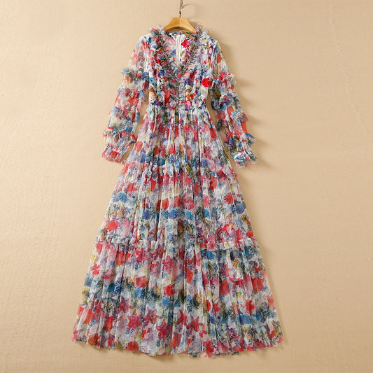 Vestido de manga larga con cuello en V y cuentas, floral, de malla, con vuelo grande