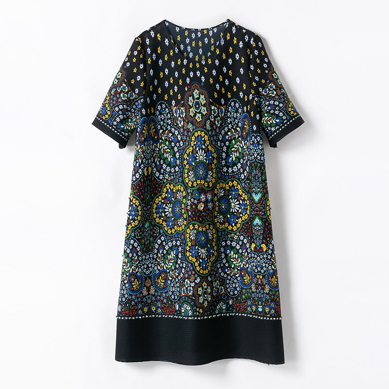 Pleated Print Rhinestone Dress Loose Plus Size