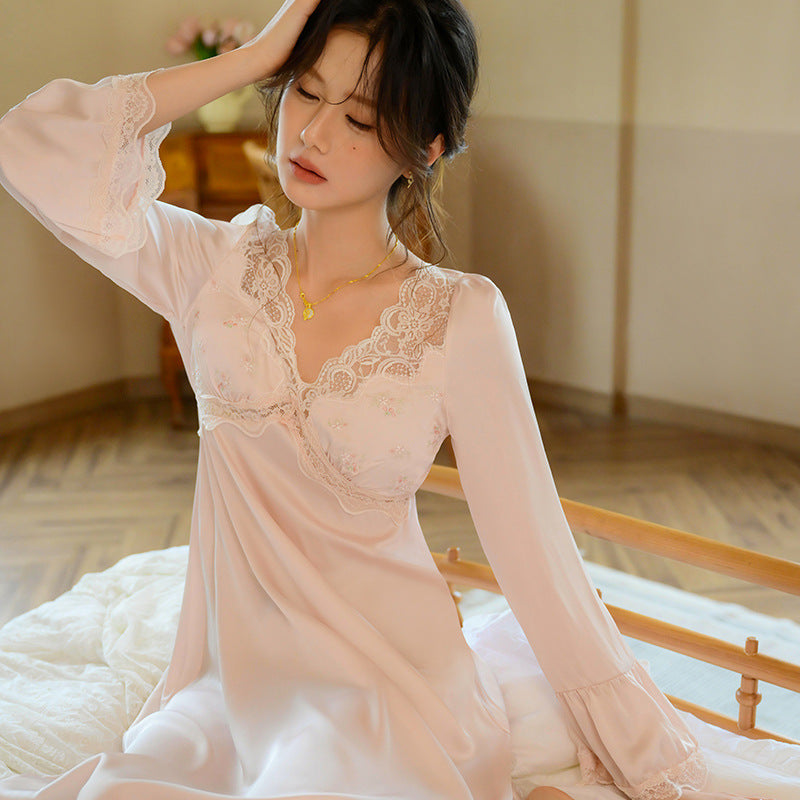 French Style Pajamas V-neck Home Dress Ladies