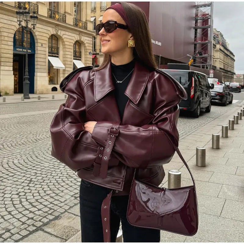 Chaqueta de cuero para mujer Street PU solapa ajustable