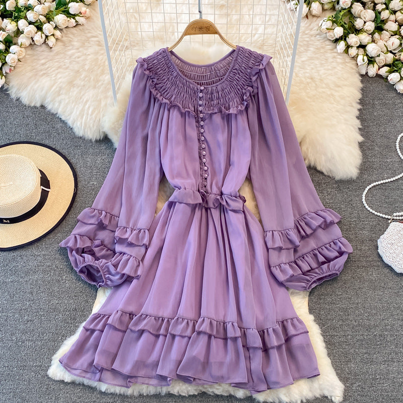 Ruffled Lantern Sleeves Round Neck Chiffon Dress