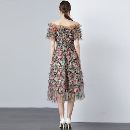 Mesh Blooming Printing Fungus Dress