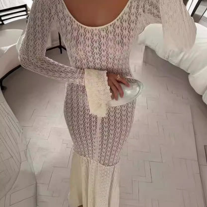 Women's Fashion White Bell Sleeve Hollow Slim Dress