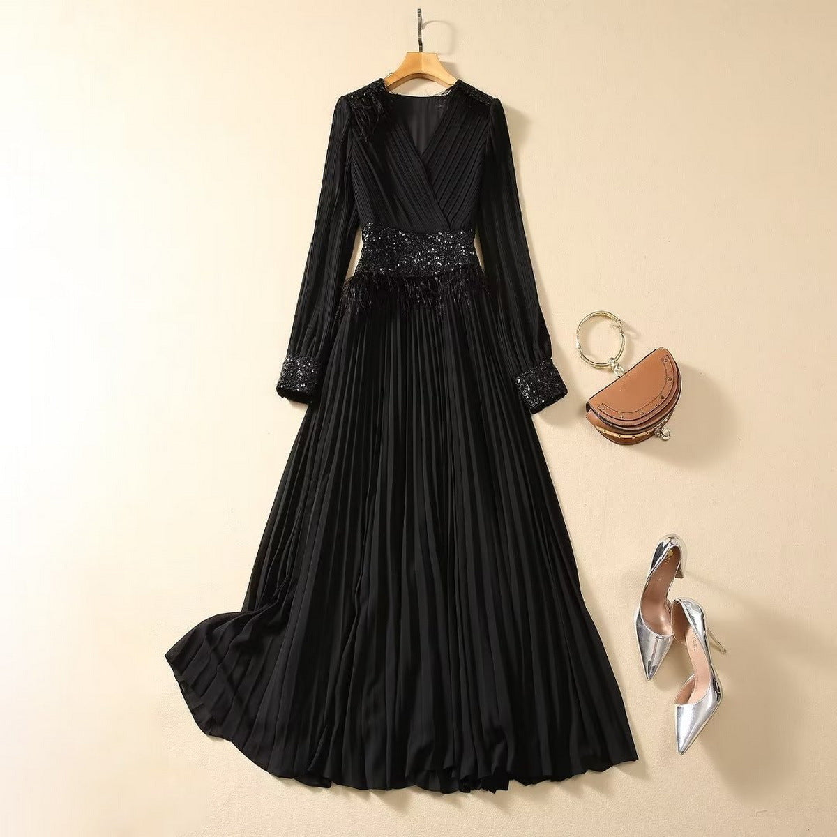 Sequin High Waist Long Sleeves V-neck Pleated Swing Dress