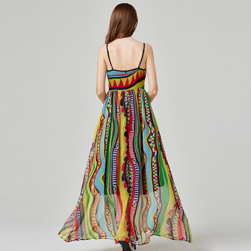 Printed Sling Chiffon High Waist Dress