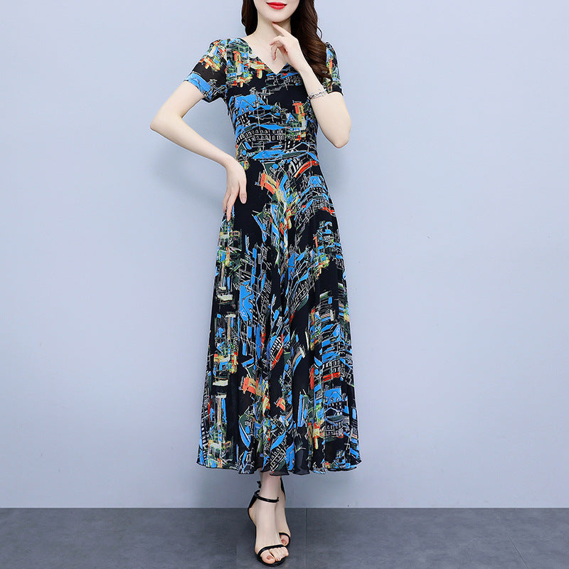 Chiffon Floral Dress Plus Size Plump Girls Waist-tight