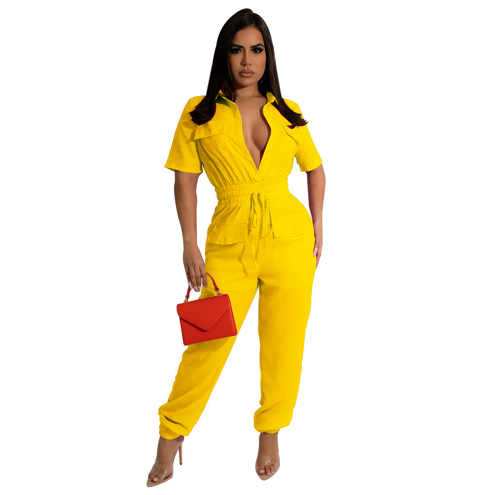 Short Sleeve Collar Slim-fit Lace Up Women's Jumpsuit