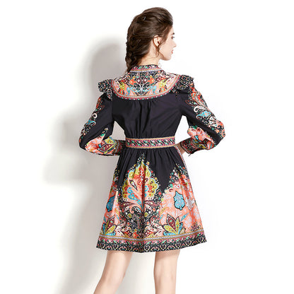 Lantern Sleeve Printed Short Dress